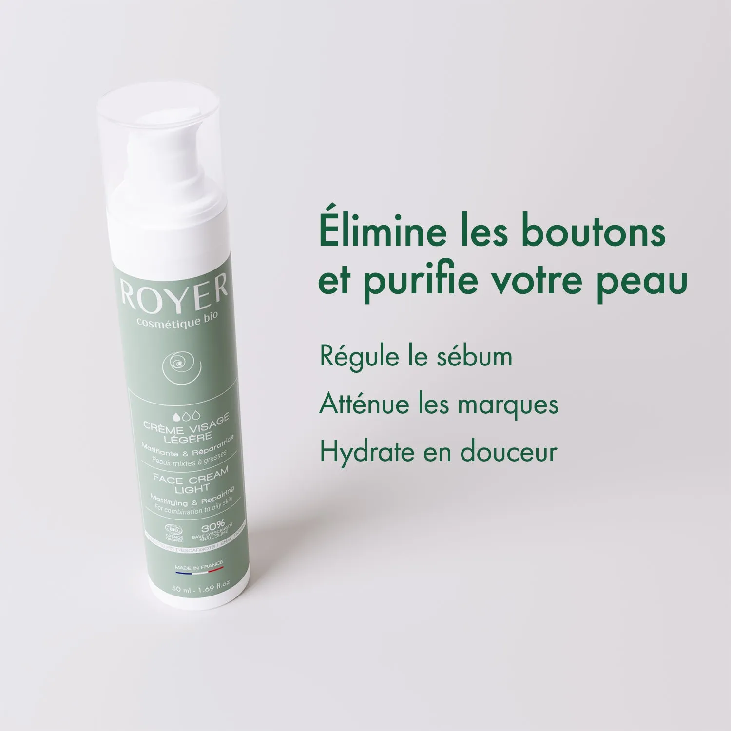 Royer Cosmétique Crème visage légère bave escargot 50 ml matifiante
