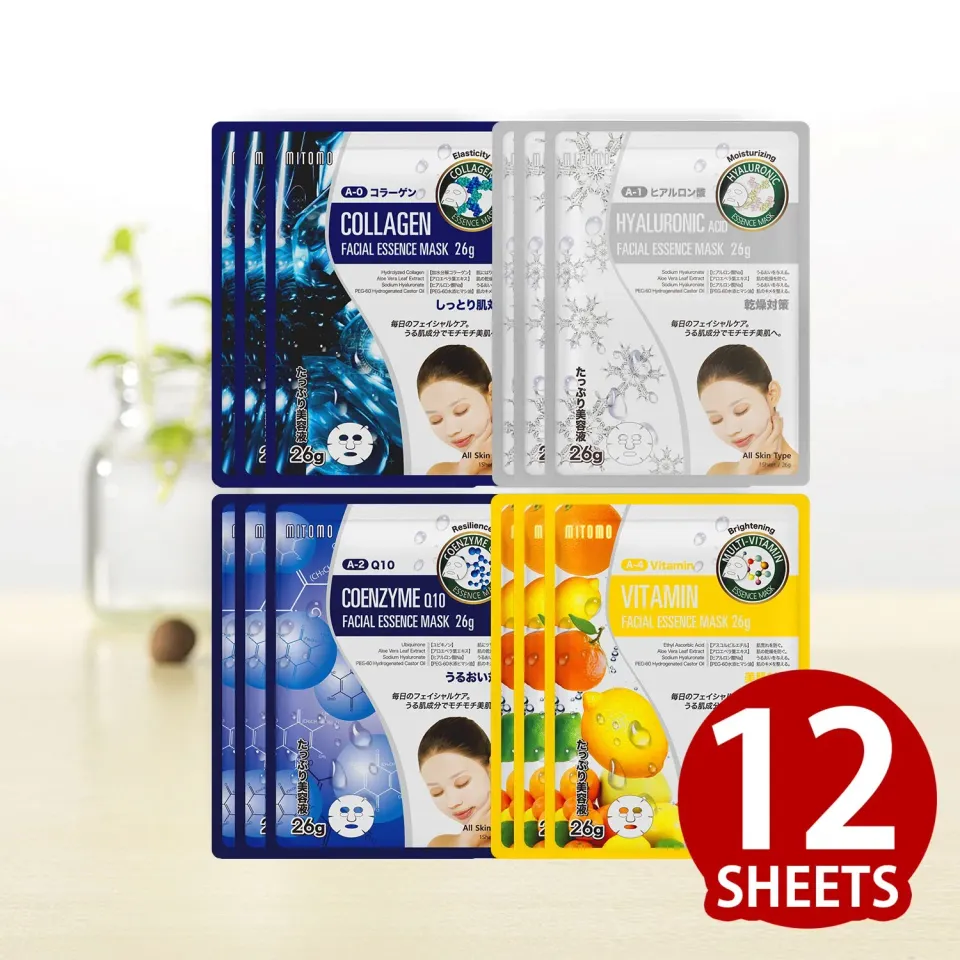 Mitomo Set TKMT00006 masque visage 4 types 12 pcs hydratant