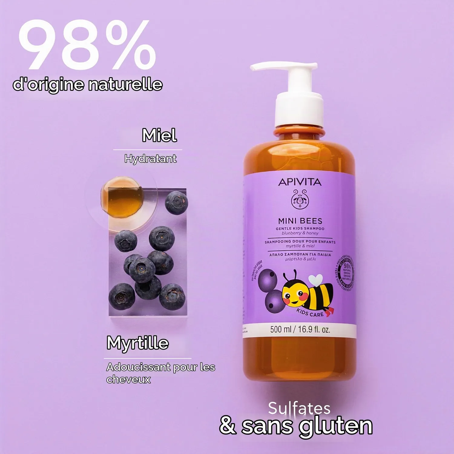 Apivita Mini Bees shampoing enfant 500ml miel myrtille doux
