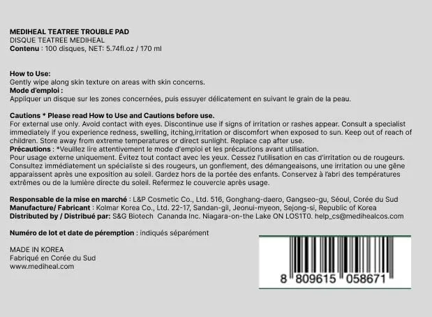 Mediheal Teatree Trouble Pad toner 100 pads peau grasse