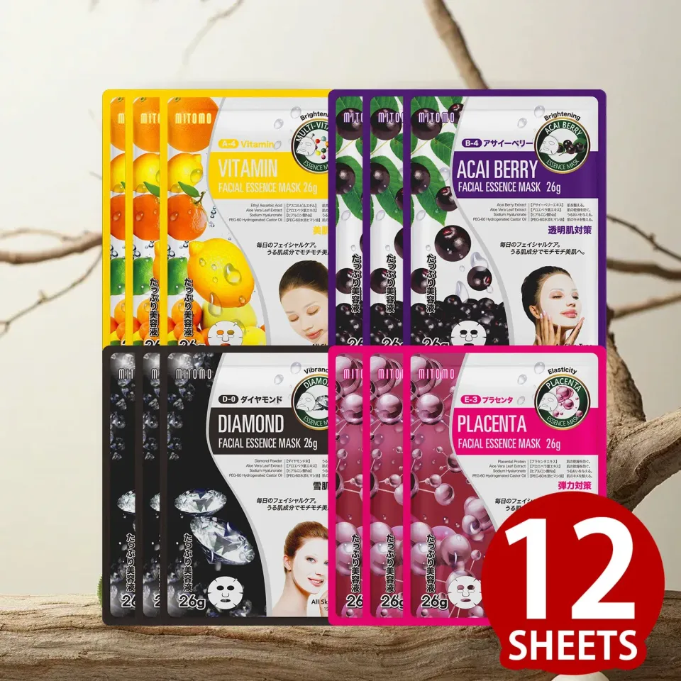 Mitomo set 12 masques visage 4 types apaisant hydratant